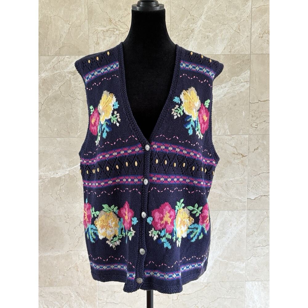 Vtg 90s Jantzen Hand Knit Vest - L Navy Floral Cottage Garden Grandmacore